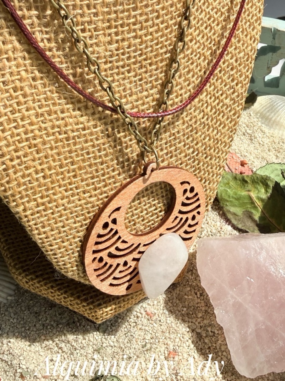 BRUTALIST LAYERED Pink Rose Quartz Wooden Pendant Necklace